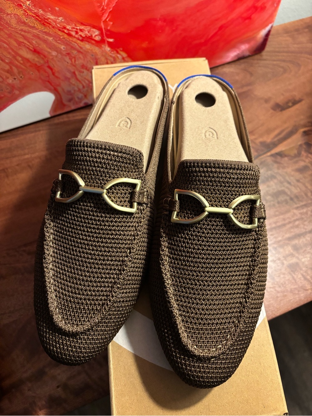 Rothy's Brown Knit Slip-On Loafers with Gold Bit Detail